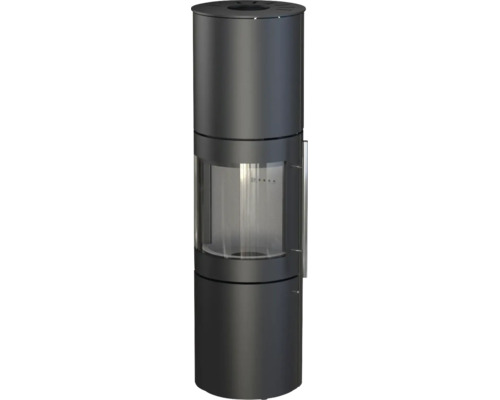 Poêle à bois cylindrique en acier avec grande vitre et poignée verticale.