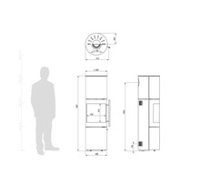 Dessin technique d'un poêle avec dimensions en millimètres, vues de face, de côté et de dessus, ainsi qu'une silhouette humaine pour l'échelle.
