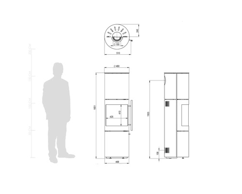 Dessin technique d'un poêle avec dimensions en millimètres, vues de face, de côté et de dessus, ainsi qu'une silhouette humaine pour l'échelle.