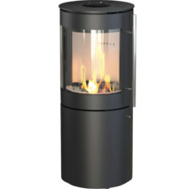 Poêle à bois cylindrique en anthracite avec une grande vitre bombée et un feu de bois allumé.