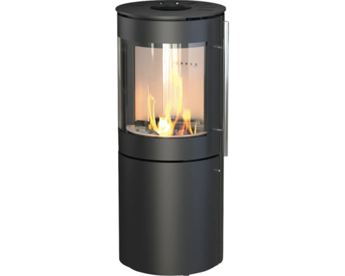 Poêle à bois cylindrique en anthracite avec une grande vitre bombée et un feu de bois allumé.