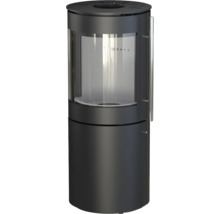 Poêle à bois rond avec grande vitre incurvée et poignée verticale en acier inoxydable.