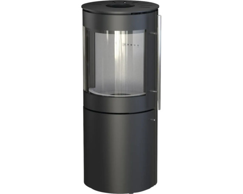 Poêle à bois rond avec grande vitre incurvée et poignée verticale en acier inoxydable.