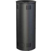 Poêle à bois cylindrique en acier avec fentes de ventilation en haut et en bas.