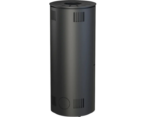 Poêle à bois cylindrique en acier avec fentes de ventilation en haut et en bas.