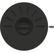 Régulateur d'air de cheminée rond noir avec poignée centrale et fentes de ventilation radiales.