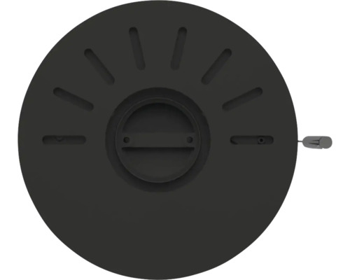 Régulateur d'air de cheminée rond noir avec poignée centrale et fentes de ventilation radiales.