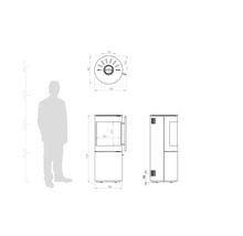 Schéma technique d'un poêle avec vues de face, de côté et de dessus, avec dimensions en millimètres et silhouette humaine pour l'échelle.
