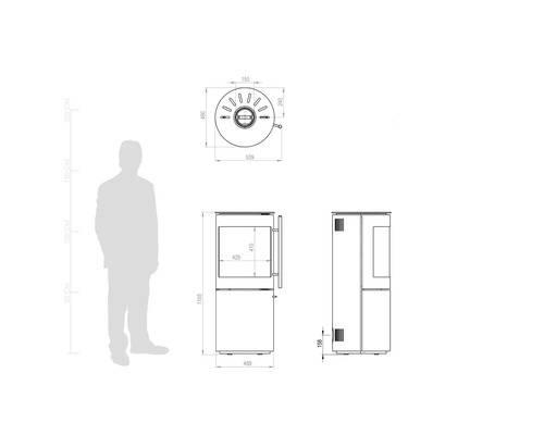 Schéma technique d'un poêle avec vues de face, de côté et de dessus, avec dimensions en millimètres et silhouette humaine pour l'échelle.
