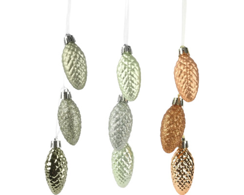 Weihnachtsbaumschmuck in Zapfenform mit strukturierten und glitzernden Oberflächen zum Aufhängen.