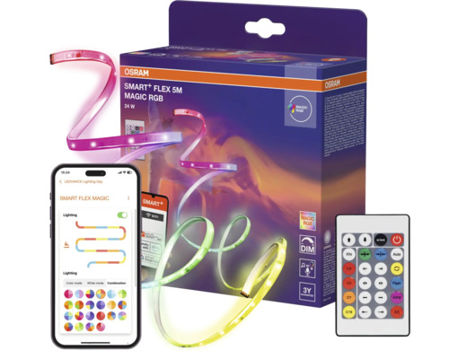 Ruban LED Osram Smart plus Flex 5 mètres Magic RGB avec emballage, télécommande et contrôle via application smartphone.