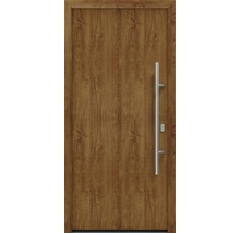 Haustür mit Holzdekor und Edelstahlgriff