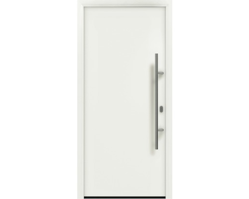 Porte d'entrée EcoStar ISOPRO IP 010 1100 x 2100 mm droite RAL 9016 blanc signalisation avec ensemble de ferrures, poignée barre en acier inoxydable, cylindre profilé de sécurité avec 5 clés Porte d''entrée blanche avec poignée en acier inoxydable