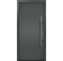 Graue Haustür mit Edelstahlgriff und horizontalen Zierlinien