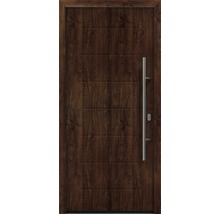 Holztür mit horizontalen Zierlinien und Metallgriff
