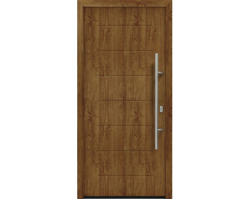 Porte d'entrée EcoStar ISOPRO IP 015 1100 x 2100 mm droite golden oak avec ensemble de ferrures, poignée barre en acier inoxydable, cylindre profilé de sécurité avec 5 clés-0