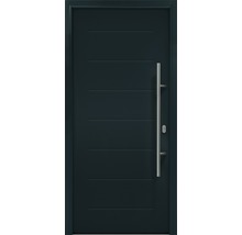 Moderne Haustür mit Edelstahlgriff und horizontalen Zierlinien