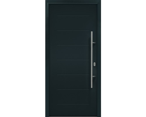 Porte d'entrée EcoStar ISOPRO IP 015 1100 x 2100 mm droite RAL 7016 gris anthracite avec ensemble de ferrures, poignée barre en acier inoxydable, cylindre profilé de sécurité avec 5 clés Porte d''entrée moderne avec poignée en acier inoxydable et lignes décoratives horizontales