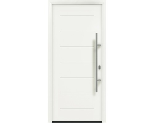 Porte d'entrée EcoStar ISOPRO IP 015 1100 x 2100 mm droite RAL 9016 blanc signalisation avec ensemble de ferrures, poignée barre en acier inoxydable, cylindre profilé de sécurité avec 5 clés Porte d''entrée blanche avec poignée en acier inoxydable et rainures décoratives horizontales.