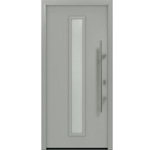 Graue Haustür mit Glasausschnitt und Griff