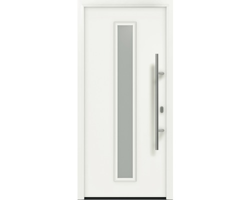 Porte d'entrée EcoStar ISOPRO IP 020 S 1100 x 2100 mm droite RAL 9016 blanc signalisation avec ensemble de ferrures, poignée barre en acier inoxydable, cylindre profilé de sécurité avec 5 clés Porte d''entrée blanche avec insert en verre et poignée en acier inoxydable