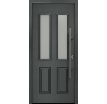 Graue Haustür mit zwei Glaseinsätzen und Griffstange
