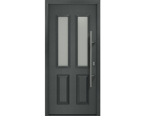 Porte d'entrée EcoStar ISOPRO IP 410 S 1100 x 2100 mm droite CH703 anthracite metallic avec ensemble de ferrures, poignée barre en acier inoxydable, cylindre profilé de sécurité avec 5 clés Porte d''entrée grise avec deux vitrages et barre de poignée
