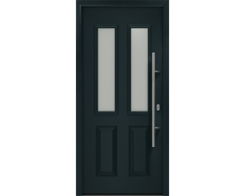 Porte d'entrée EcoStar ISOPRO IP 410 S 1100 x 2100 mm droite RAL 7016 gris anthracite avec ensemble de ferrures, poignée barre en acier inoxydable, cylindre profilé de sécurité avec 5 clés Porte d''entrée avec deux fenêtres et une poignée