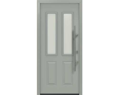 Haustür EcoStar ISOPRO IP 410 S 1100 x 2100 mm Rechts RAL 9006 weißaluminium matt inkl. Beschlag-Set,Edelstahl Stangengriff,Sicherheitsprofilzylinder mit 5 Schlüsseln Graue Haustür mit zwei Fenstern und Edelstahlgriff