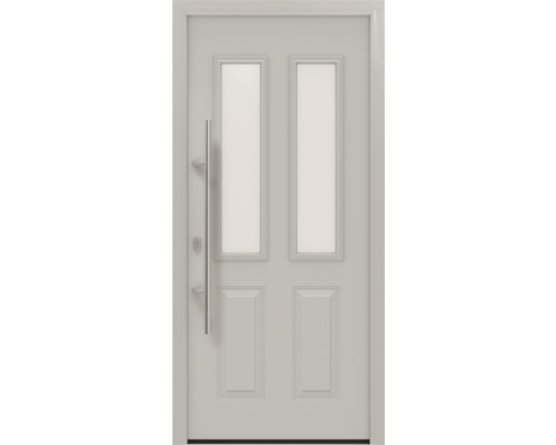 Porte d'entrée EcoStar ISOPRO IP 410 S 1100 x 2100 mm gauche RAL 9006 aluminium blanc mat avec ensemble de ferrures, poignée barre en acier inoxydable, cylindre profilé de sécurité avec 5 clés