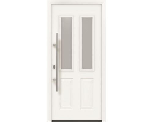 Porte d'entrée EcoStar ISOPRO IP 410 S 1100 x 2100 mm gauche RAL 9016 blanc signalisation avec ensemble de ferrures, poignée barre en acier inoxydable, cylindre profilé de sécurité avec 5 clés