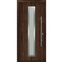 Moderne Haustür mit Glasausschnitt und Holzstruktur