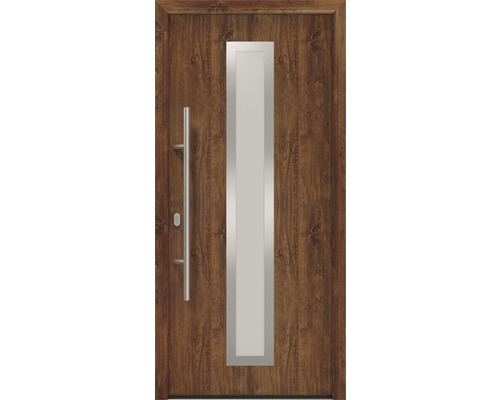 Porte d'entrée EcoStar ISOPRO IP 700S 1100 x 2100 mm gauche dark oak avec ensemble de ferrures, poignée barre en acier inoxydable, cylindre profilé de sécurité avec 5 clés