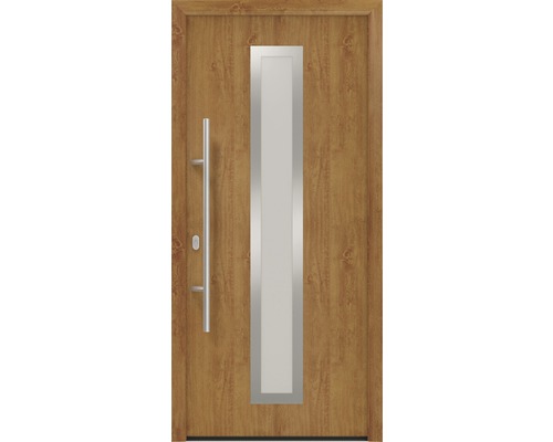 Porte d'entrée EcoStar ISOPRO IP 700S 1100 x 2100 mm gauche golden oak avec ensemble de ferrures, poignée barre en acier inoxydable, cylindre profilé de sécurité avec 5 clés