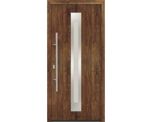 Porte d'entrée EcoStar ISOPRO IP 770S 1100 x 2100 mm gauche dark oak avec ensemble de ferrures, poignée barre en acier inoxydable, cylindre profilé de sécurité avec 5 clés