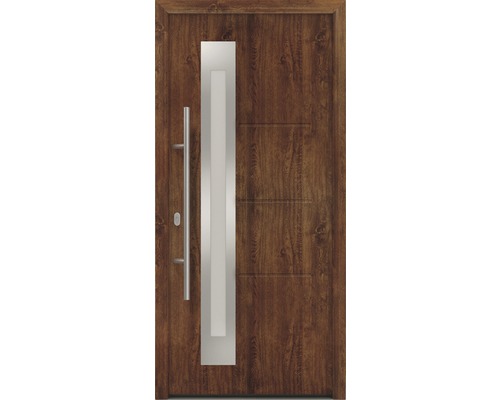 Porte d'entrée EcoStar ISOPRO IP 780S 1100 x 2100 mm gauche dark oak avec ensemble de ferrures, poignée barre en acier inoxydable, cylindre profilé de sécurité avec 5 clés