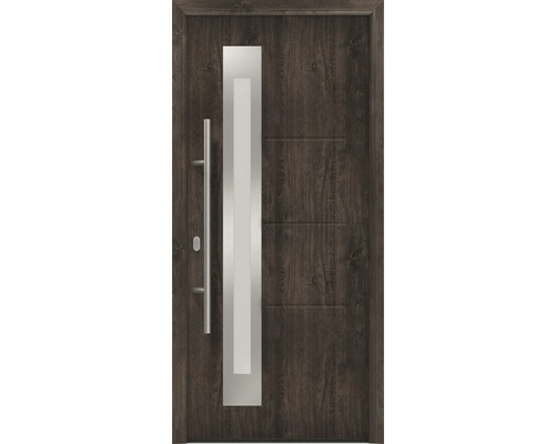 Porte d'entrée EcoStar ISOPRO IP 780S 1100 x 2100 mm gauche night oak avec ensemble de ferrures, poignée barre en acier inoxydable, cylindre profilé de sécurité avec 5 clés