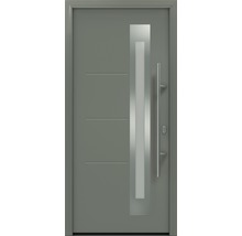 Graue Haustür mit Glaseinsatz und Griffstange