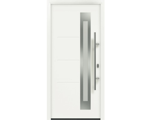 Porte d'entrée EcoStar ISOPRO IP 780S 1100 x 2100 mm droite RAL 9016 blanc signalisation avec ensemble de ferrures, poignée barre en acier inoxydable, cylindre profilé de sécurité avec 5 clés Porte d''entrée blanche avec insert en verre vertical et poignée