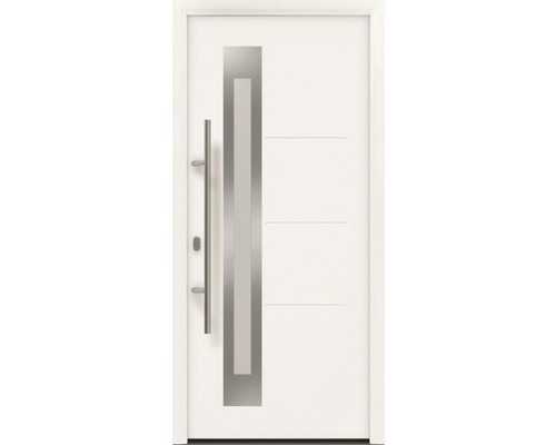 Porte d'entrée EcoStar ISOPRO IP 780S 1100 x 2100 mm gauche RAL 9016 blanc signalisation avec ensemble de ferrures, poignée barre en acier inoxydable, cylindre profilé de sécurité avec 5 clés