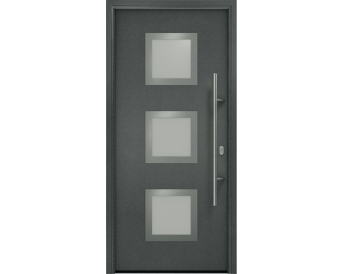 Haustür EcoStar ISOPRO IP 810S 1100 x 2100 mm Rechts CH703 anthrazit metallic inkl. Beschlag-Set,Edelstahl Stangengriff,Sicherheitsprofilzylinder mit 5 Schlüsseln Haustür mit drei quadratischen Glaseinsätzen und Griff
