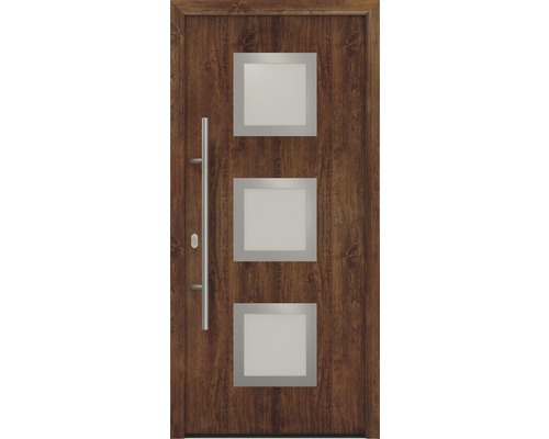 Porte d'entrée EcoStar ISOPRO IP 810S 1100 x 2100 mm gauche dark oak avec ensemble de ferrures, poignée barre en acier inoxydable, cylindre profilé de sécurité avec 5 clés