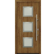 Haustür mit drei quadratischen Glaseinsätzen und Edelstahlgriff