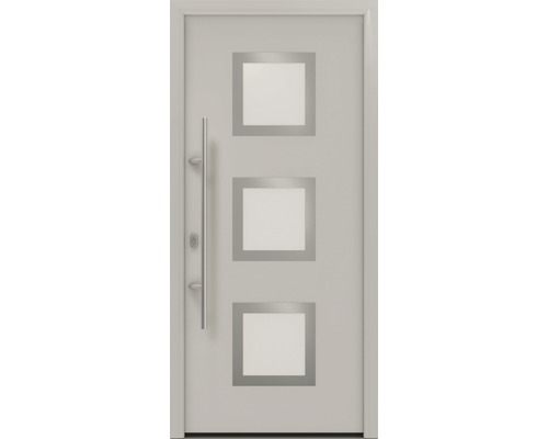 Porte d'entrée EcoStar ISOPRO IP 810S 1100 x 2100 mm gauche RAL 9006 aluminium blanc mat avec ensemble de ferrures, poignée barre en acier inoxydable, cylindre profilé de sécurité avec 5 clés