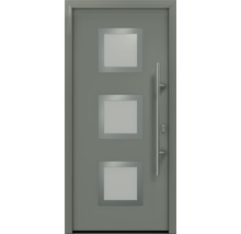 Graue Haustür mit drei quadratischen Fenstern und Griff