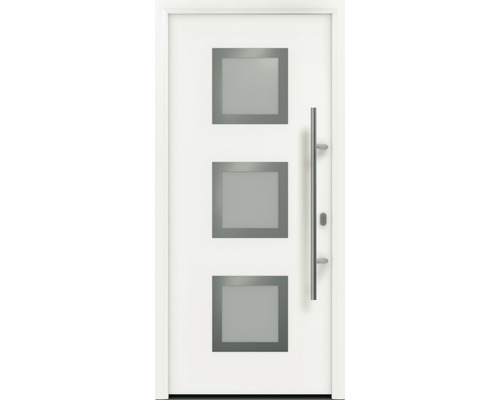 Porte d'entrée EcoStar ISOPRO IP 810S 1100 x 2100 mm droite RAL 9016 blanc signalisation avec ensemble de ferrures, poignée barre en acier inoxydable, cylindre profilé de sécurité avec 5 clés Porte d''entrée blanche avec trois inserts en verre carrés et poignée en acier inoxydable