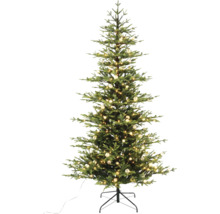 Künstlicher Weihnachtsbaum mit LED Beleuchtung, Kugeln und Metallständer.
