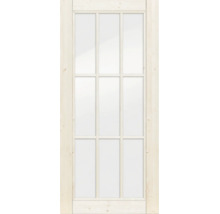 Porte d'intérieur en bois avec grand vitrage et croisillons à neuf carreaux.