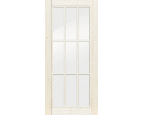 Porte d'intérieur en bois avec grand vitrage et croisillons à neuf carreaux.