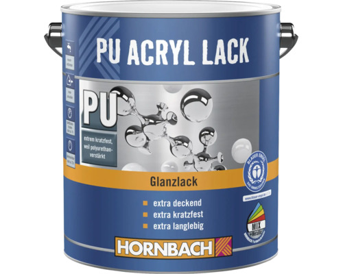 Vernis acrylique PU Hornbach, laque brillante, extrêmement résistant aux rayures, couvrant et durable, pour intérieur et extérieur.
